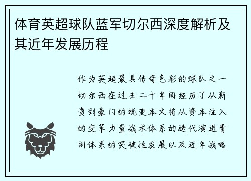 体育英超球队蓝军切尔西深度解析及其近年发展历程